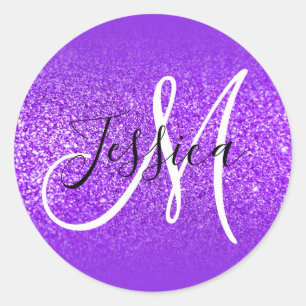 Sticker Rond Élégant Violet Bleu Ombré Monogramme Paillettes
