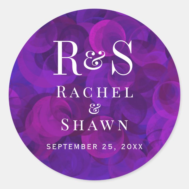 Sticker Rond Élégant violet chic moderne Mariage Monogramme (Devant)