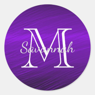 Sticker Rond Élégant violet Faux métal Monogramme