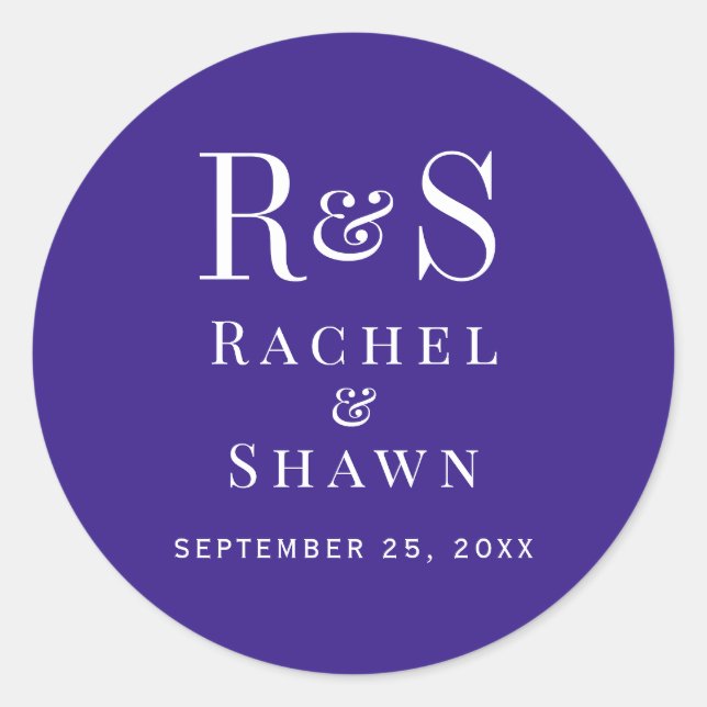 Sticker Rond Élégant violet foncé chic moderne Mariage Monogram (Devant)