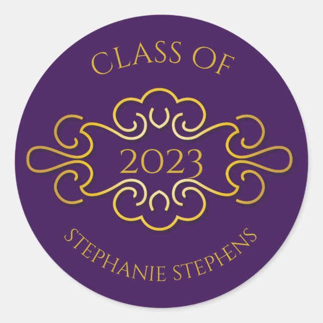 Sticker Rond Élégant violet | Gold Flourish Classe de l'année N (Devant)