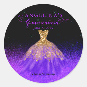 Sticker Rond Élégant violet   Gold Spanish Gown Quinceañera