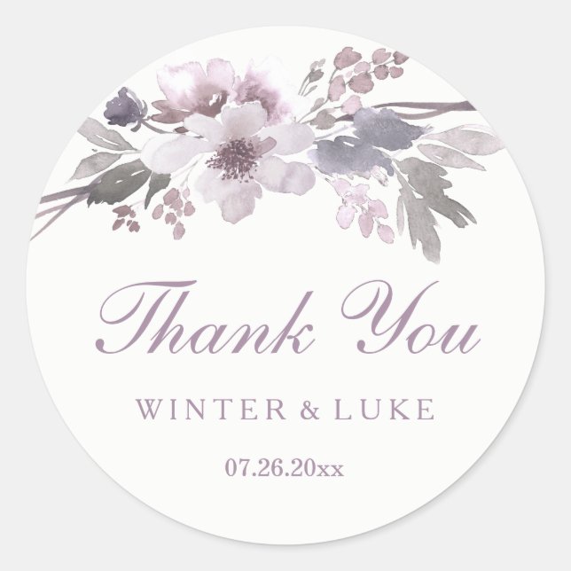 Sticker Rond Élégant violet hiver Mariage Floral Merci (Devant)