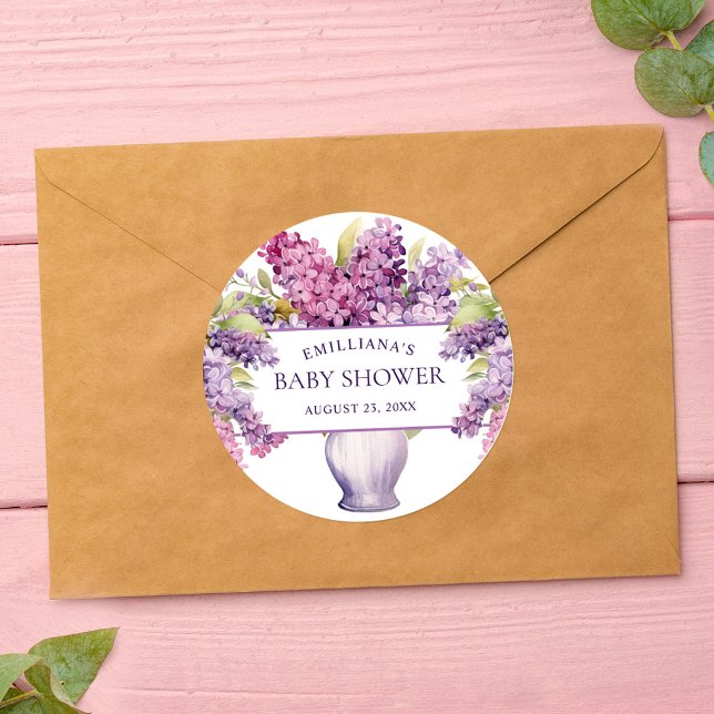Sticker Rond Élégant violet Lilac Baby shower rustique moderne (Elegant Purple Lilac Modern Rustic Baby Shower Classic Round Sticker)