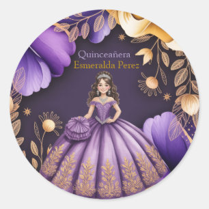 Sticker Rond Elégant Violet Quinceañerña Illustration fille
