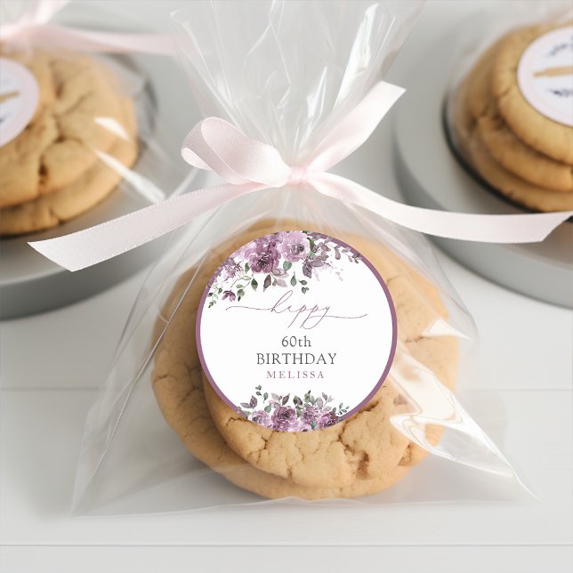 Sticker Rond Élégant violet Roses 60e fête d'anniversaire (Créateur téléchargé)