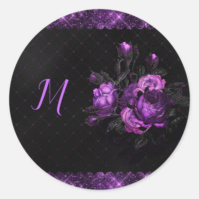 Sticker Rond Elégant violet Roses & Bordure sur noir Personnali (Devant)