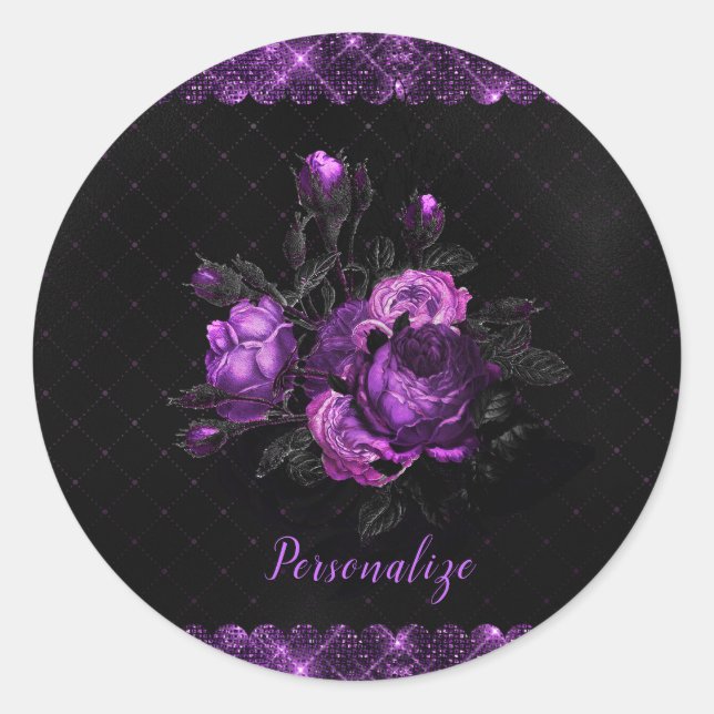 Sticker Rond Elégant violet Roses & Bordure sur noir Personnali (Devant)