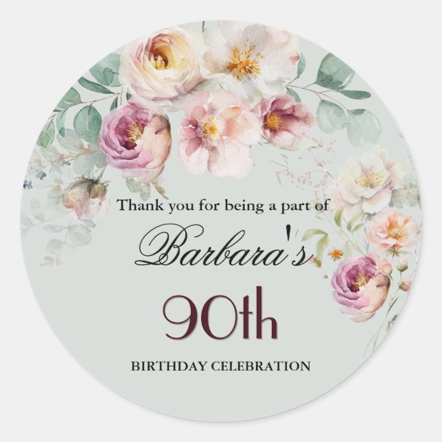 Sticker Rond Elegant Watercolor Floral 90th Birthday Welcome (Devant)