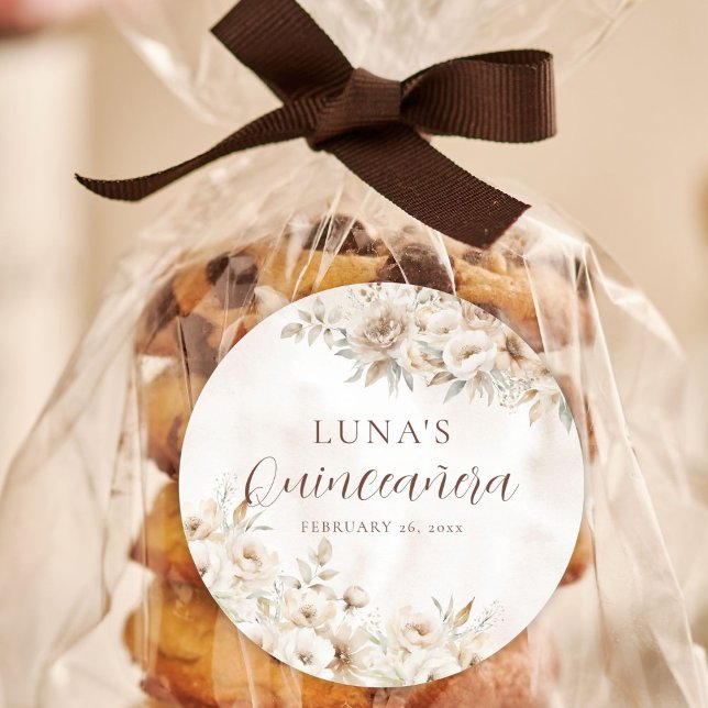 Sticker Rond Elegant Watercolor Floral Quinceañera Favor (watercolor floral personalized quinceanera 15th birthday favor sticker)