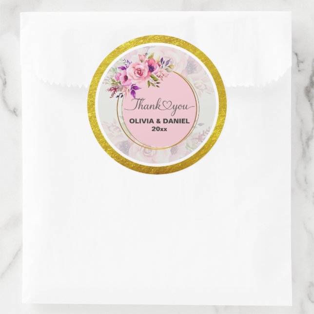 Sticker Rond Elegant Watercolor Floral Thank You Wedding (Sac)