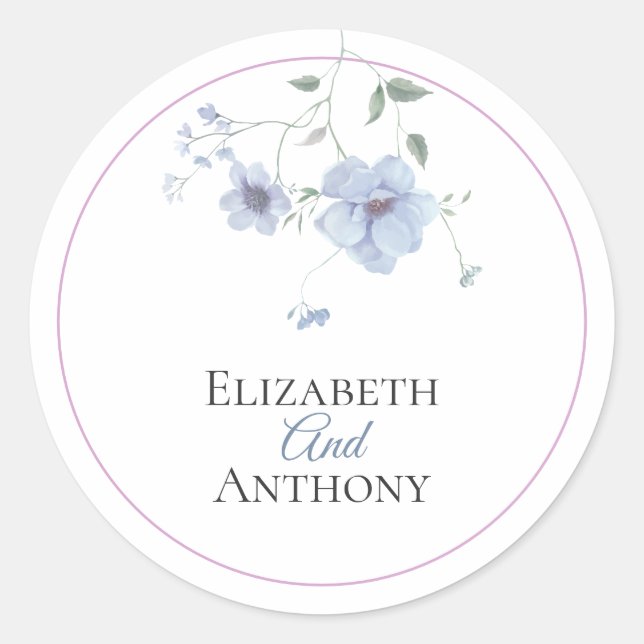 Sticker Rond Elegant Watercolor Pink & Blue Floral Wedding (Devant)
