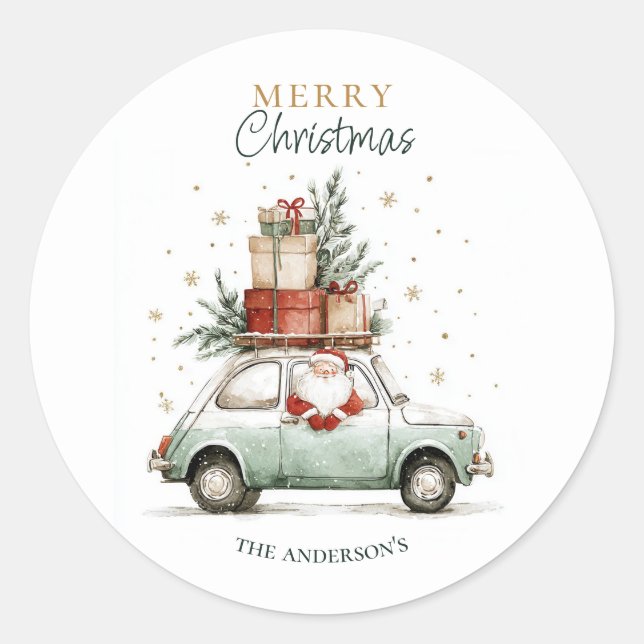 Sticker Rond Elegant Watercolor Santa Car Snow Merry Christmas  (Devant)