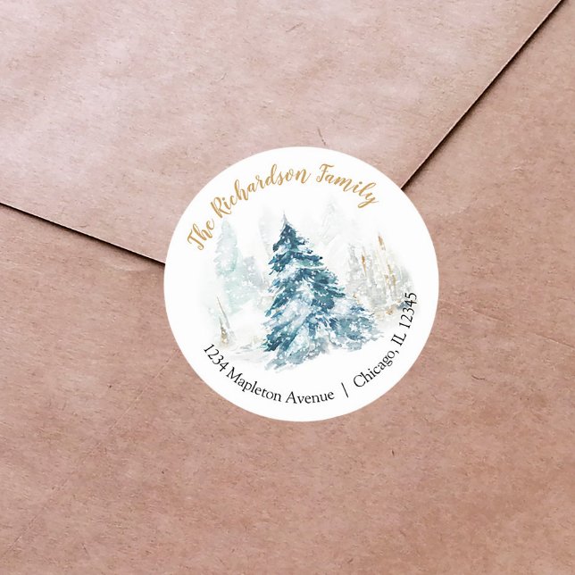 Sticker Rond Elégante aquarelle Arbre de Noël adresse de retour (Créateur téléchargé)