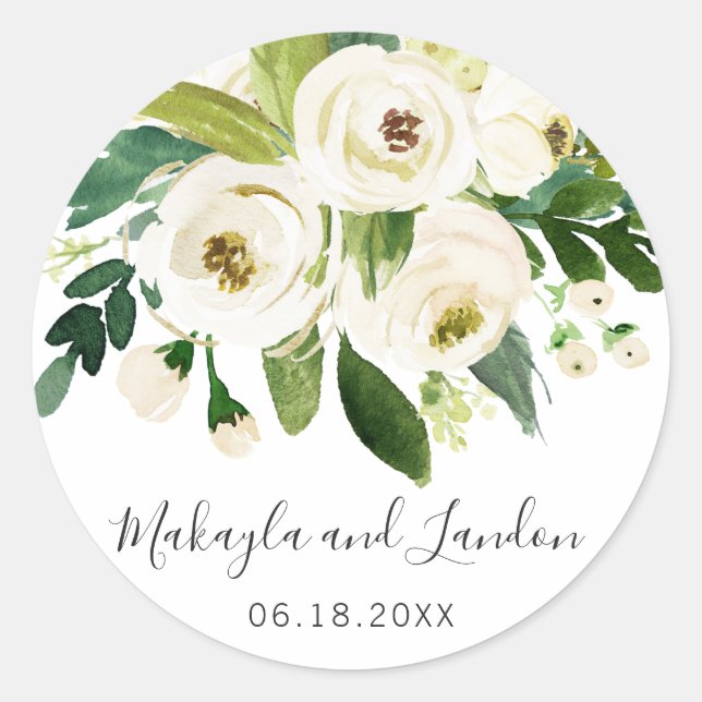 Sticker Rond Elégante aquarelle blanche Mariage floral Favorise (Devant)
