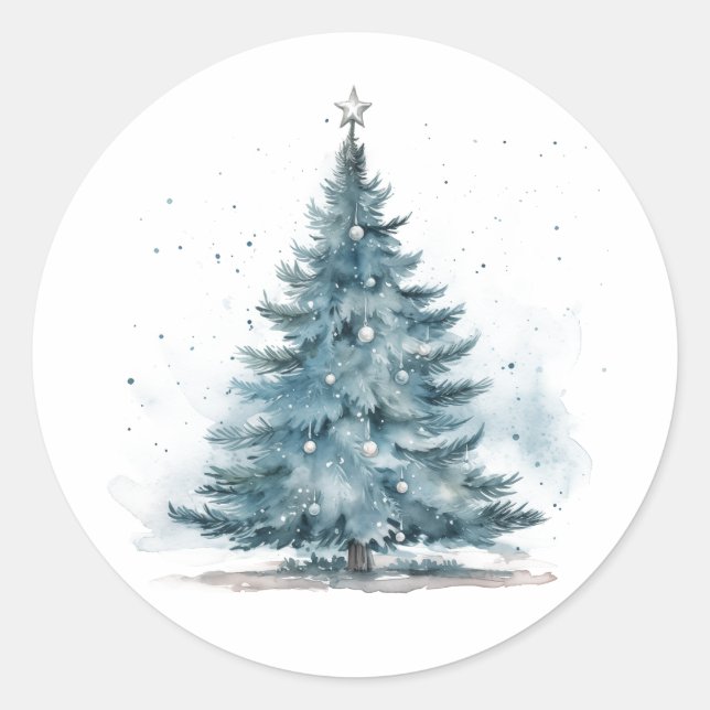 Sticker Rond Elégante aquarelle Bleu Argent Hiver Wonderland (Devant)