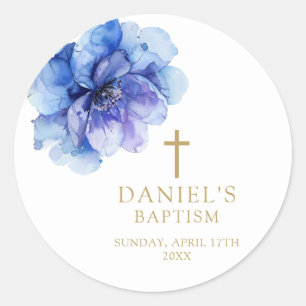 Sticker Rond Elégante aquarelle bleu Dusty Baptême floral
