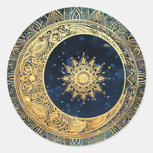 Sticker Rond Elégante aquarelle bleu et or Mandala Sun Stars