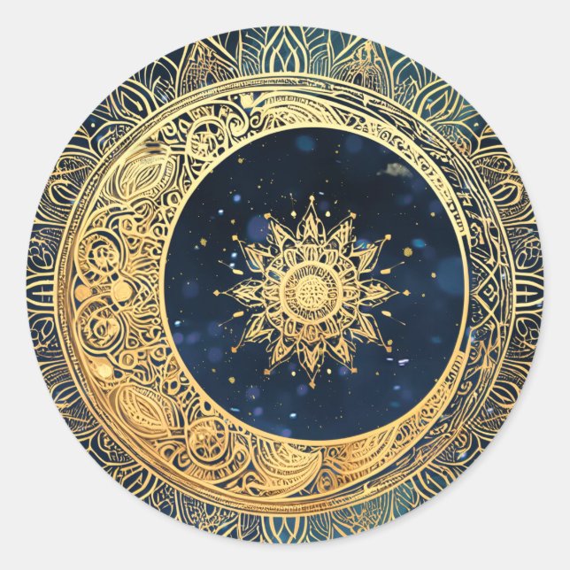 Sticker Rond Elégante aquarelle bleu et or Mandala Sun Stars (Devant)