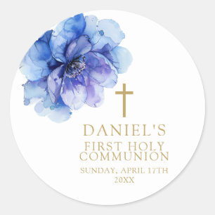 Sticker Rond Elégante Aquarelle Bleue Florale Sainte Communion