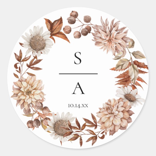 Sticker Rond Elégante aquarelle Burnt Orange Floral Mariage (Devant)