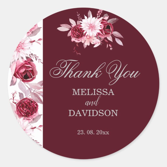 Sticker Rond Elégante aquarelle Floral Blush Bourgogne Mariage (Devant)