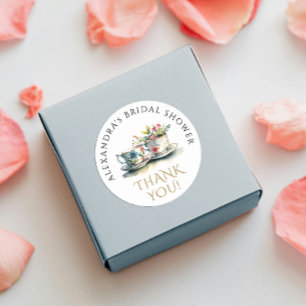 Sticker Rond Elégante aquarelle Floral Teacup Merci or