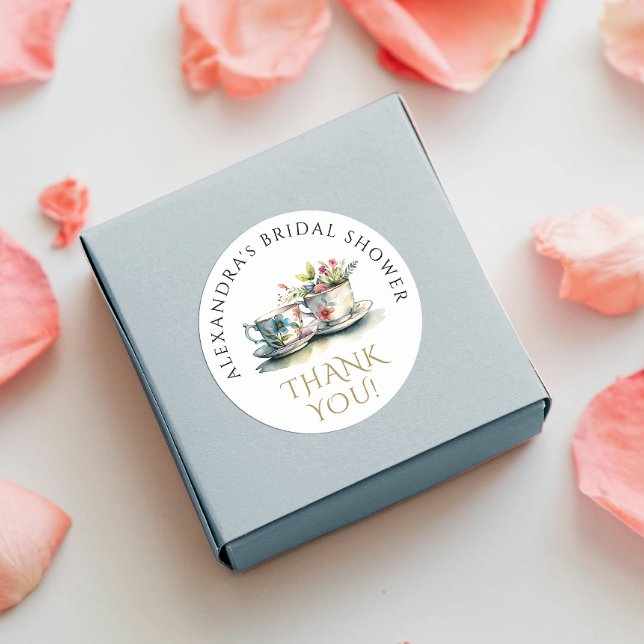 Sticker Rond Elégante aquarelle Floral Teacup Merci or (Créateur téléchargé)