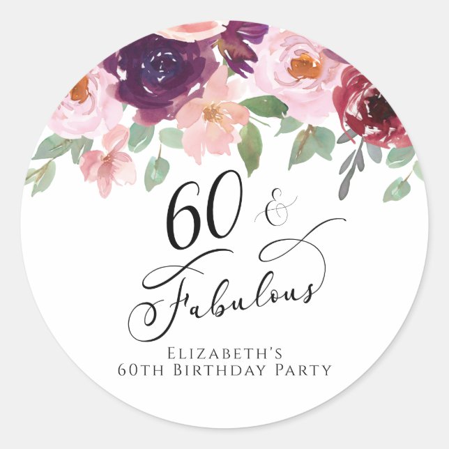 Sticker Rond Elégante aquarelle florale 60e fête d'anniversaire (Devant)