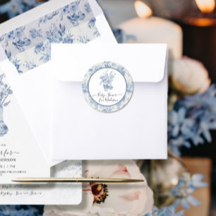 Sticker Rond Elégante aquarelle florale Bleu n Baby shower blan