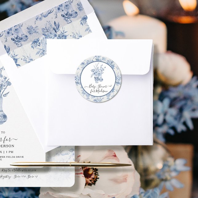 Sticker Rond Elégante aquarelle florale Bleu n Baby shower blan (Créateur téléchargé)