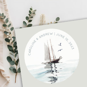 Sticker Rond Elégante aquarelle Nautique voile Mariage