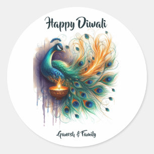 Sticker Rond Elégante aquarelle Peacock Diwali