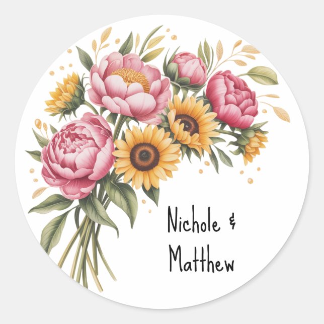 Sticker Rond Elégante aquarelle Peony Bouquet Mariage (Devant)