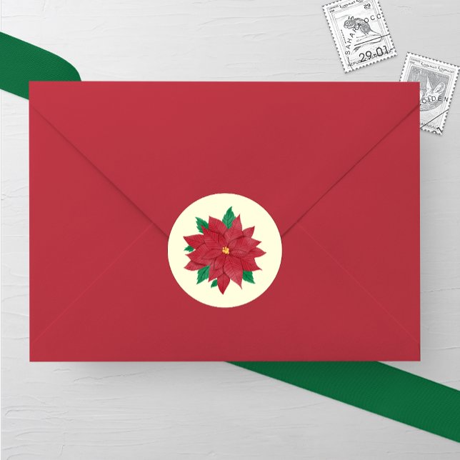Sticker Rond Elégante aquarelle Poinsettia Mariage d'hiver (Créateur téléchargé)