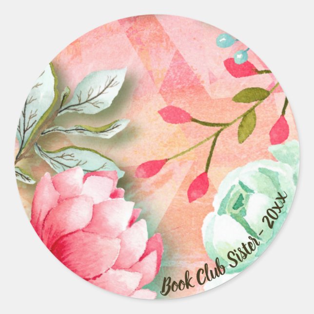 Sticker Rond Elégante aquarelle rose Fleurs Jardin Club de livr (Devant)
