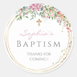 Sticker Rond Elégante Aquarelle rose Floral Girl Baptism Favou