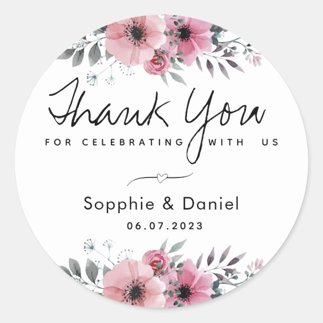 Sticker Rond Elégante aquarelle rose Merci floral (Devant)