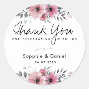 Sticker Rond Elégante aquarelle rose Merci floral