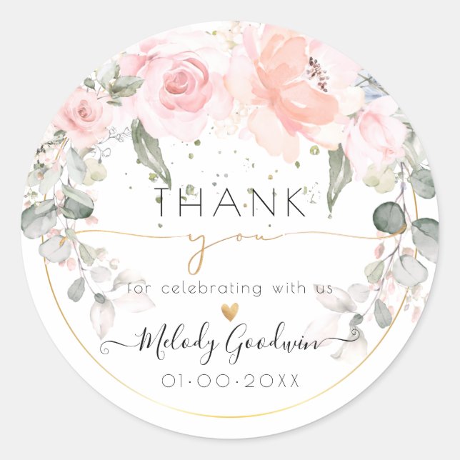 Sticker Rond Elégante aquarelle rose pâle Roses Merci (Devant)