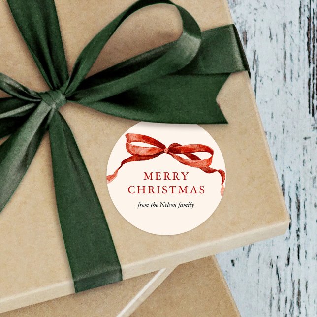 Sticker Rond Elégante aquarelle rouge Bow Noël (Créateur téléchargé)