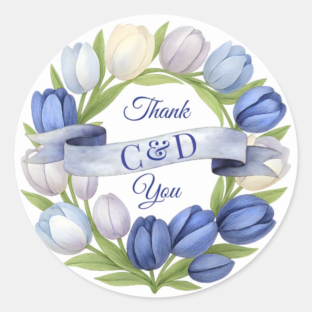 Sticker Rond Elégante aquarelle Tulipe Mariage de couronne bleu (Devant)