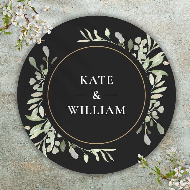 Sticker Rond Elégante aquarelle verdure Mariage Noir Favor (Elegant Watercolour Greenery Wedding Black Favor Classic Round Sticker)