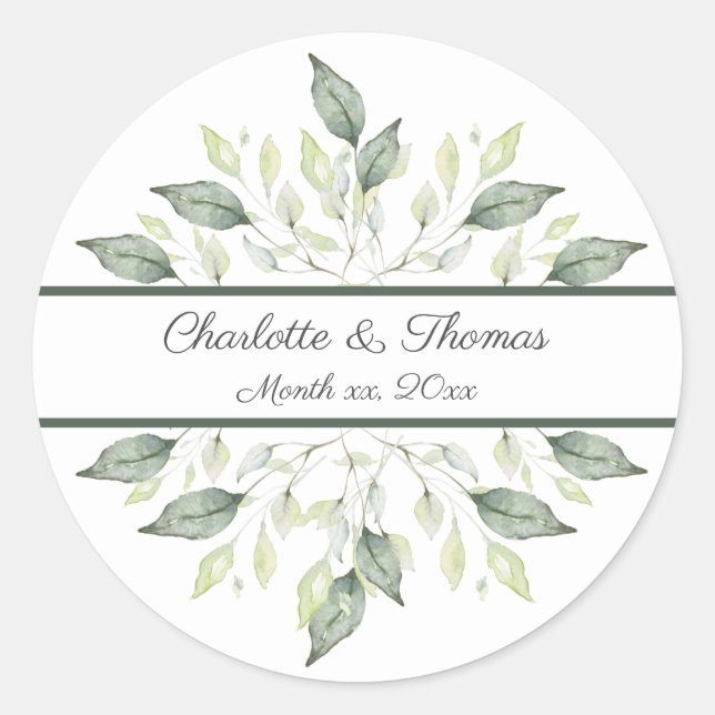 Sticker Rond Elégante aquarelle verte Feuille Mariage (Devant)