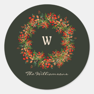 Sticker Rond Elégante aquarelle verte Wreath Monogramme personn