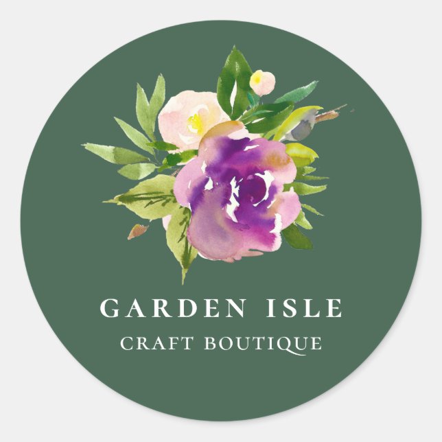 Sticker Rond Elégante aquarelle violet vert floral (Devant)