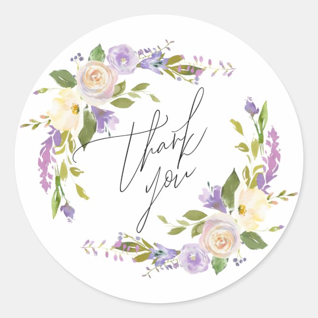 Sticker Rond Elégante Aquarelle violette Merci floral Script (Devant)