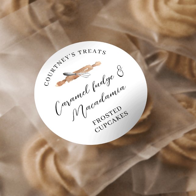 Sticker Rond Elégante aquarelle Whisk Pastry Cupcakes Cookies (Elegant bakery stickers featuring rolling pin and whisk graphics)
