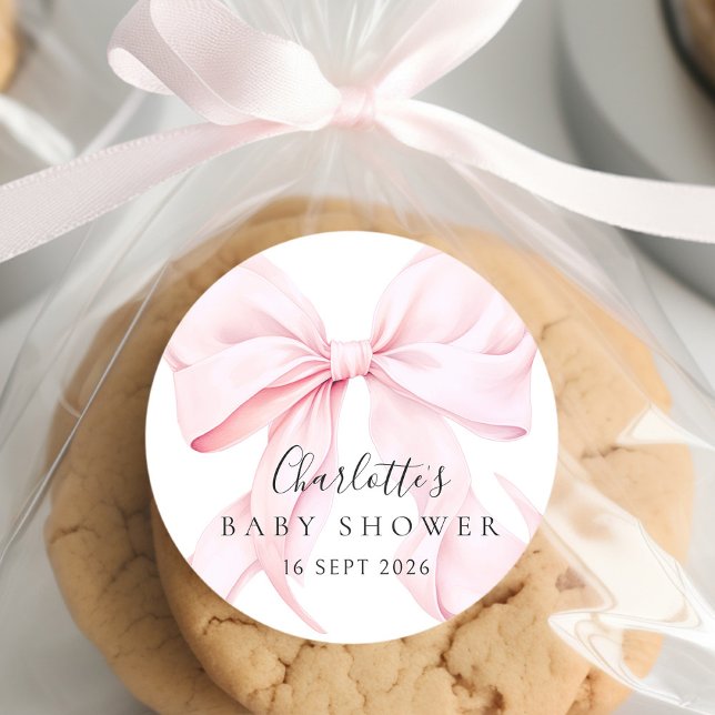 Sticker Rond  Élégante Baby Shower avec un Nœud Rose (Créateur téléchargé)