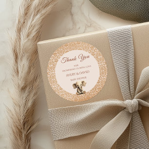 Sticker Rond Élégante Baby Shower Classique Éléphant Beige Or